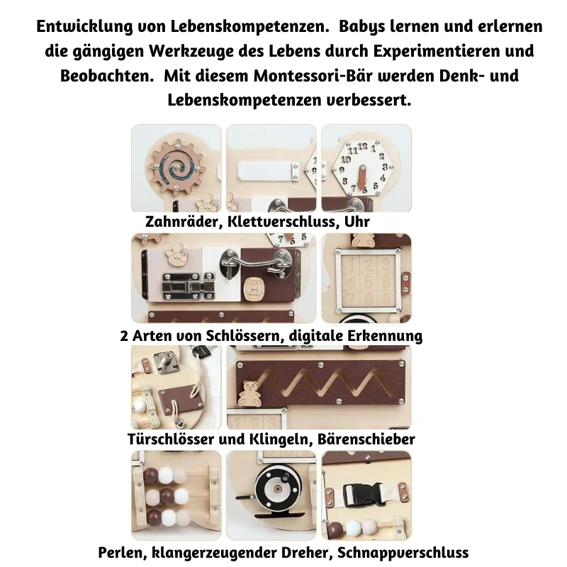 Montessori Aktivitätsboard Bär – Sicheres & Lernförderndes Spielzeug – Bild 2